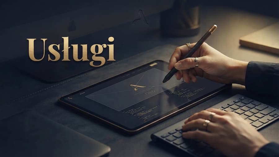 zdjecie z napisem usługi, laptopem i grafiką na nim