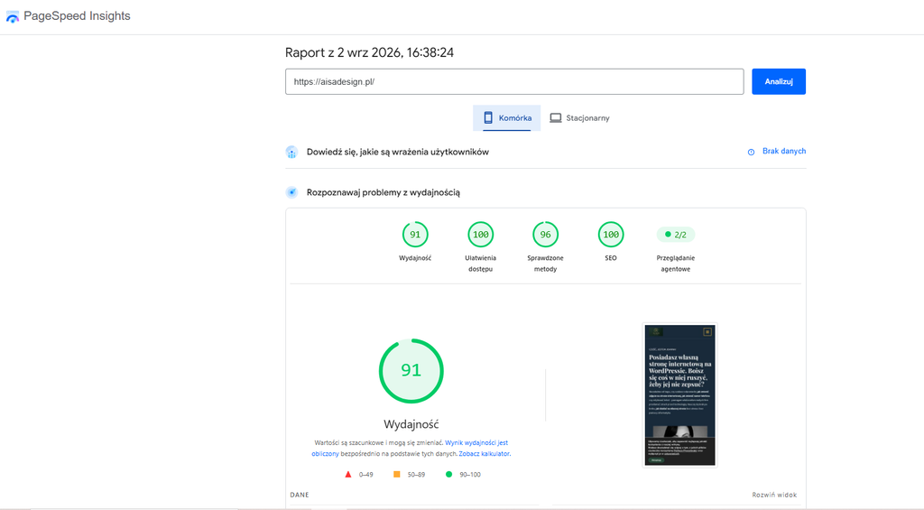 Wyniki z PageSpeed Insihts na urządzenia mobilne.
